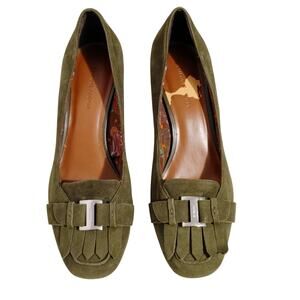 Etienne Aigner Madge Loafer Pumps Block Heel Faux Suede Green Womens Size US 8.5